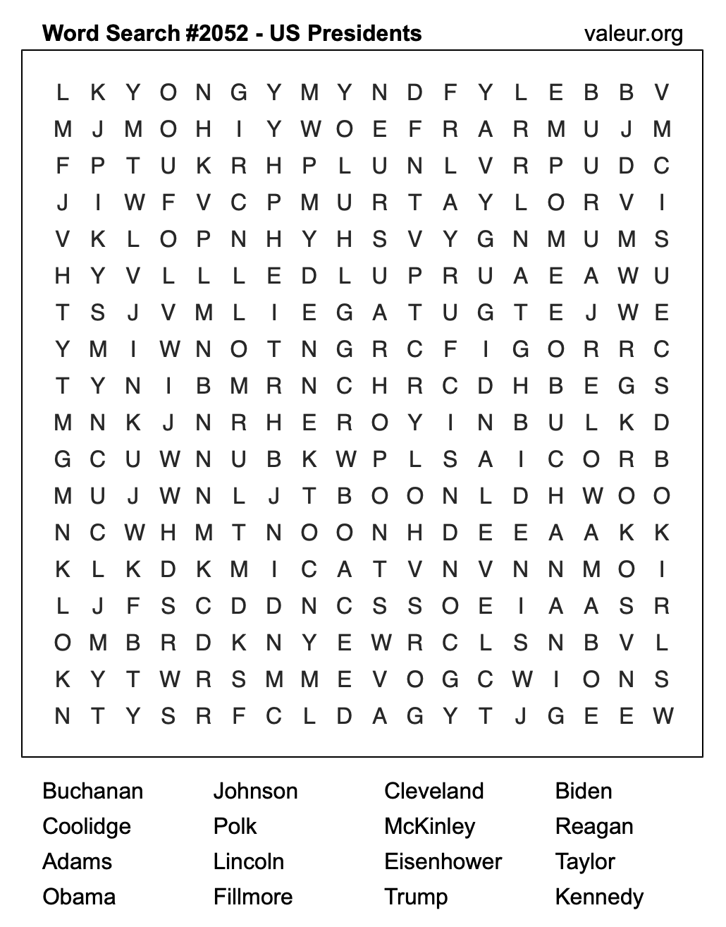 Word Search Puzzle with US Presidents #2052