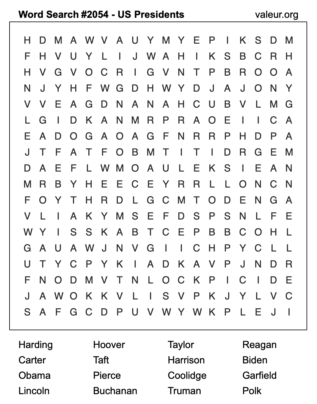 Word Search Puzzle with US Presidents #2054