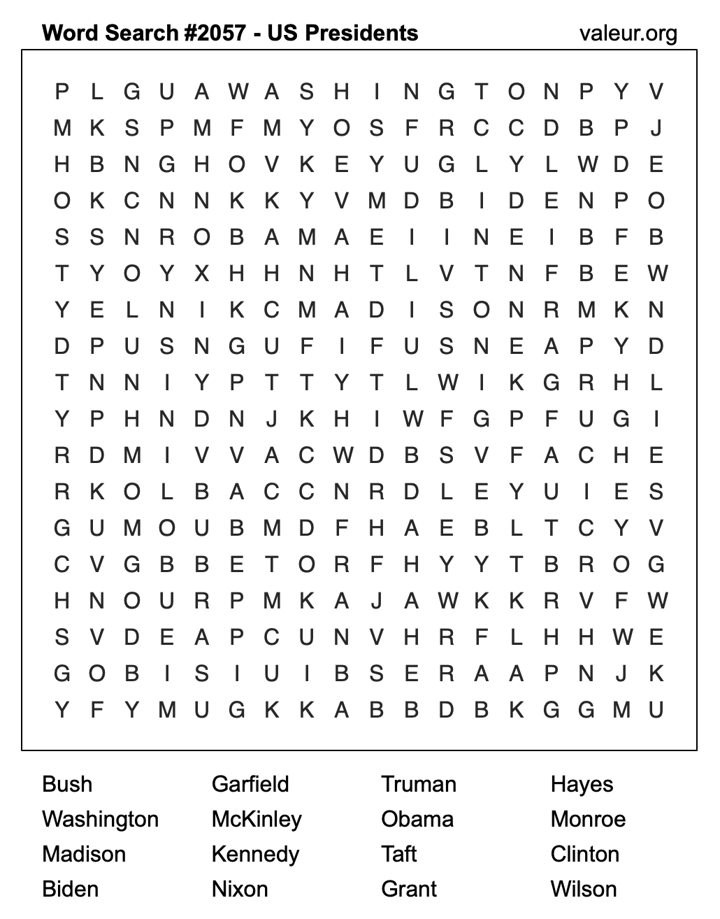 Word Search Puzzle with US Presidents #2057