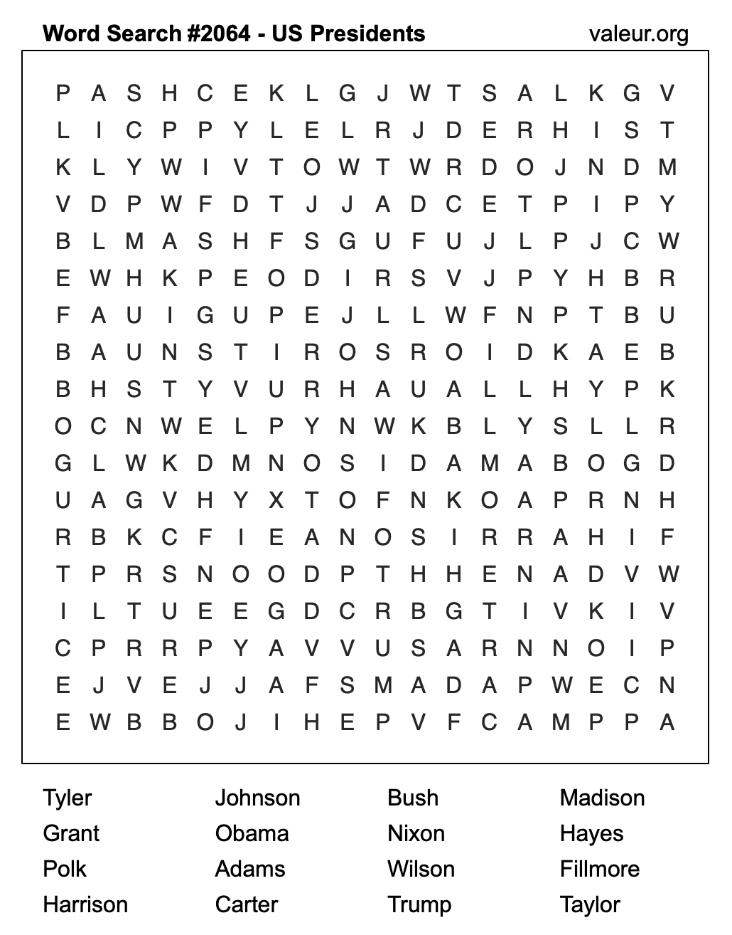 Word Search Puzzle with US Presidents #2064