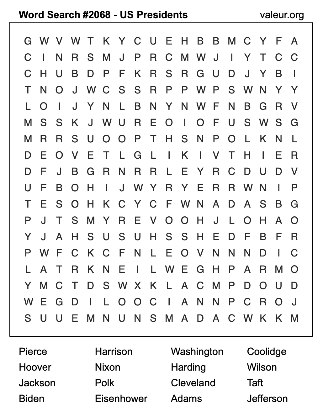 Word Search Puzzle with US Presidents #2068