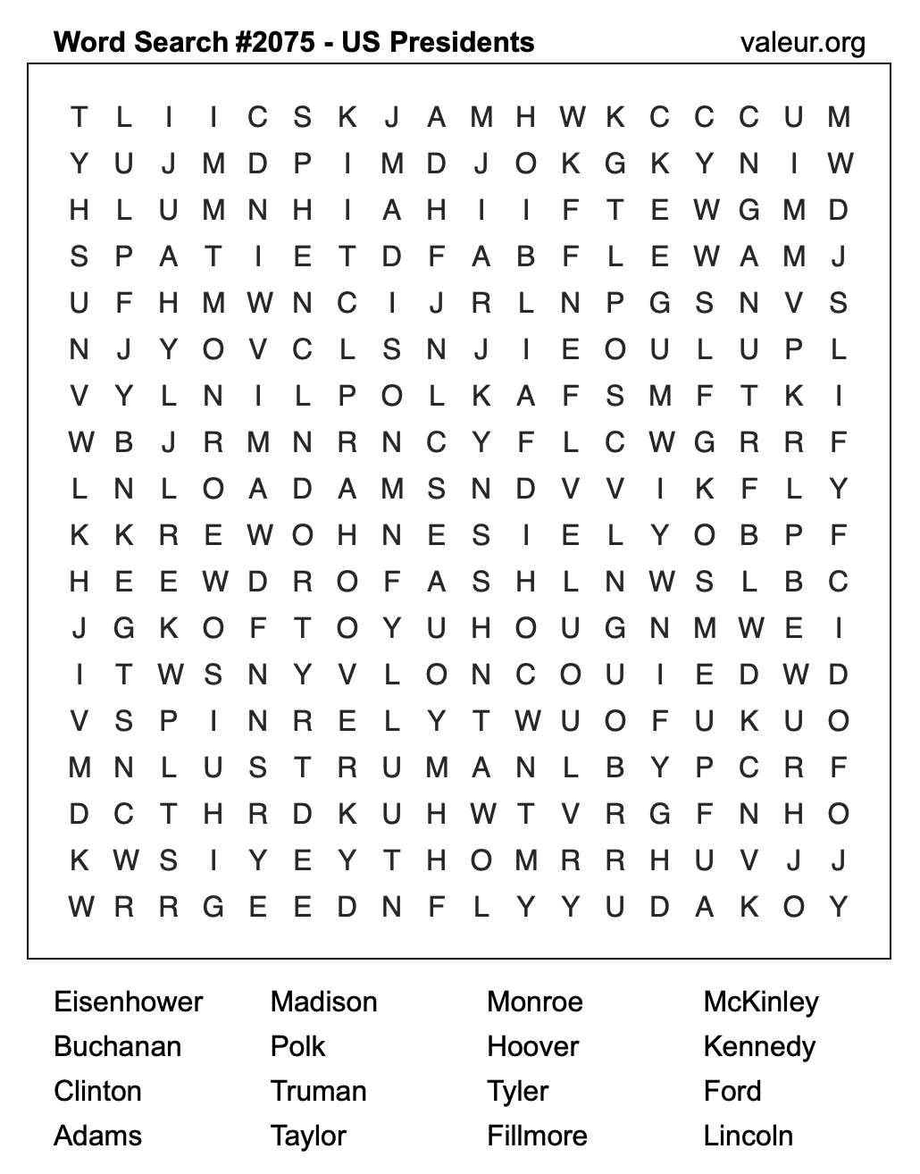 Word Search Puzzle with US Presidents #2075