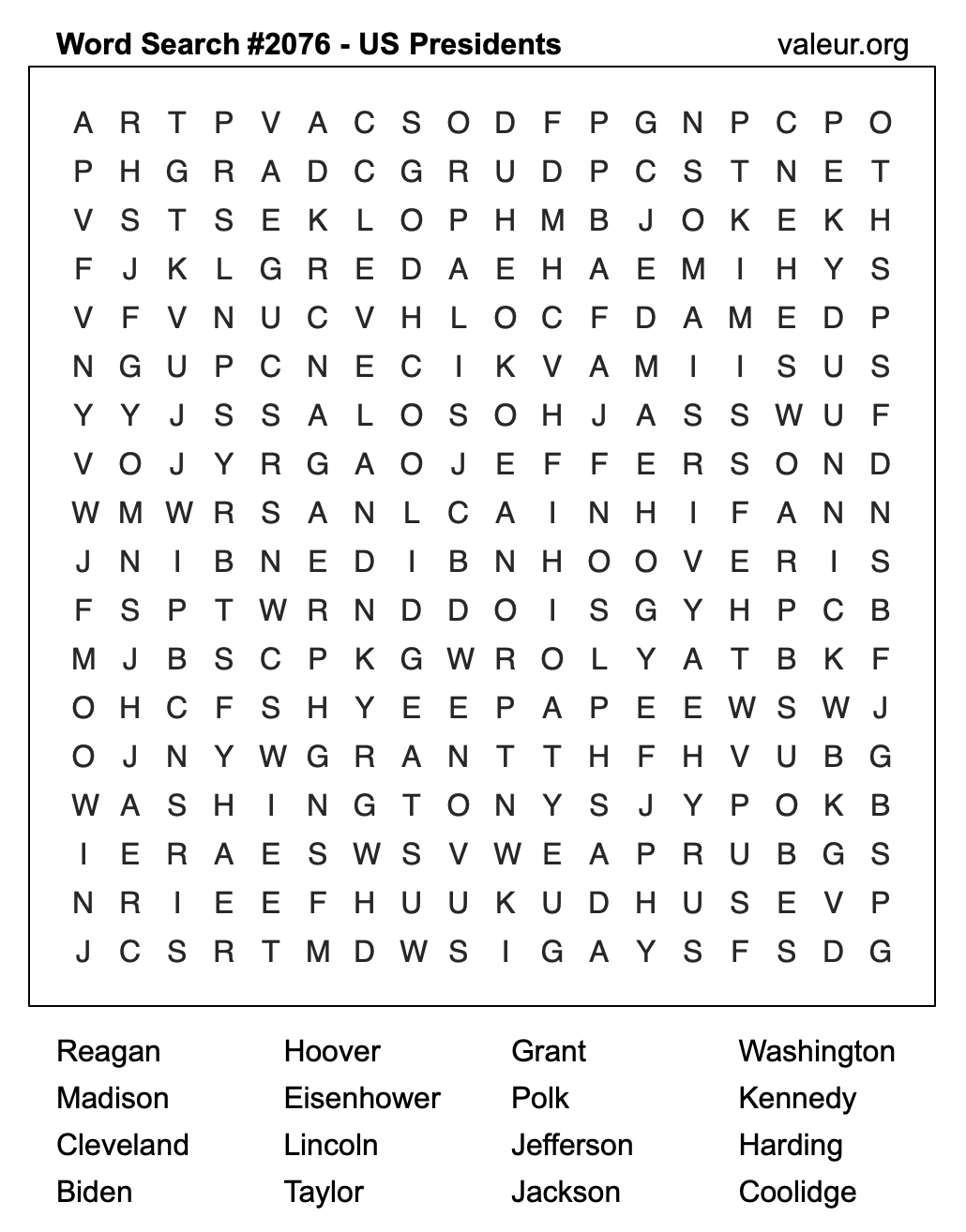 Word Search Puzzle with US Presidents #2076