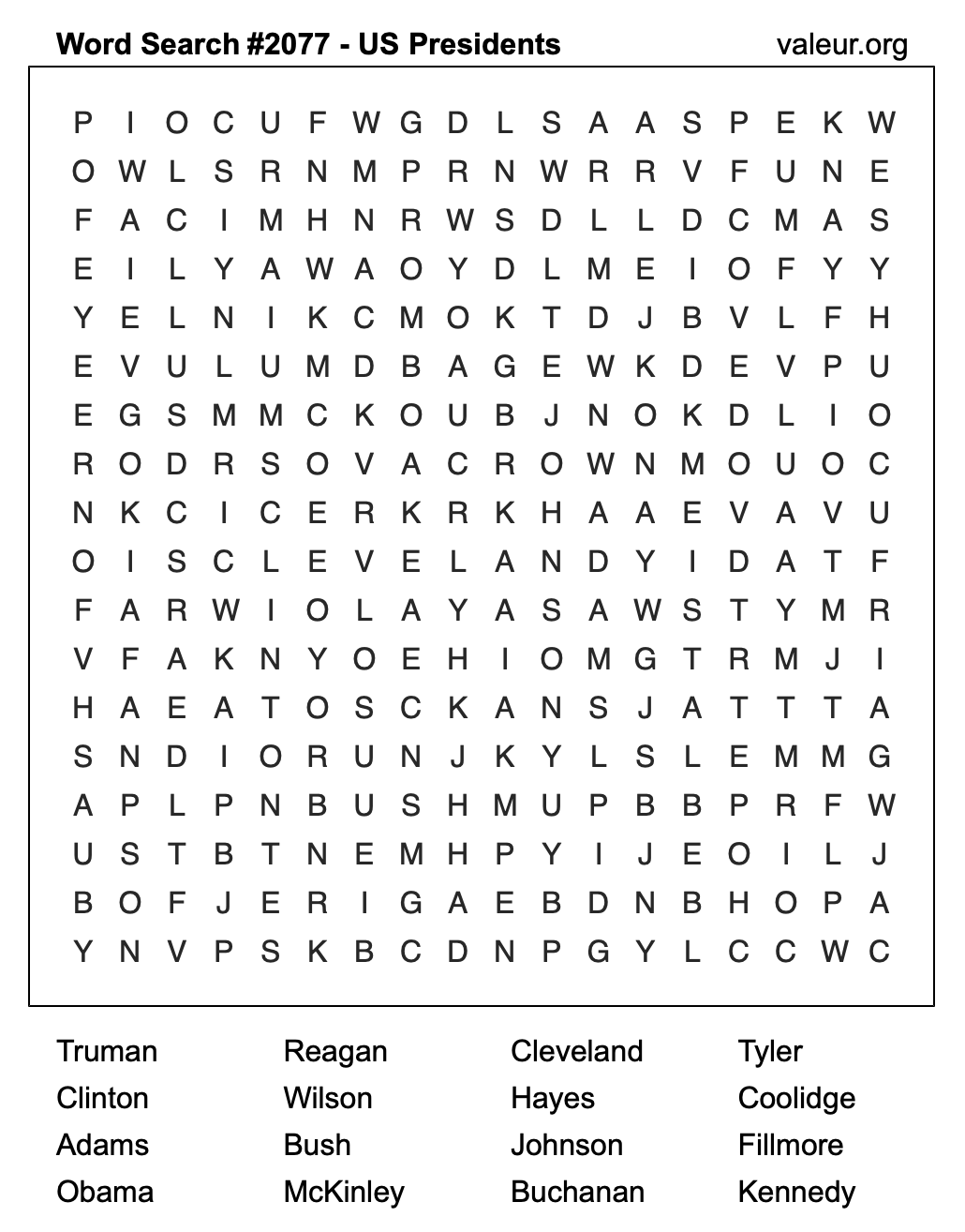 Word Search Puzzle with US Presidents #2077