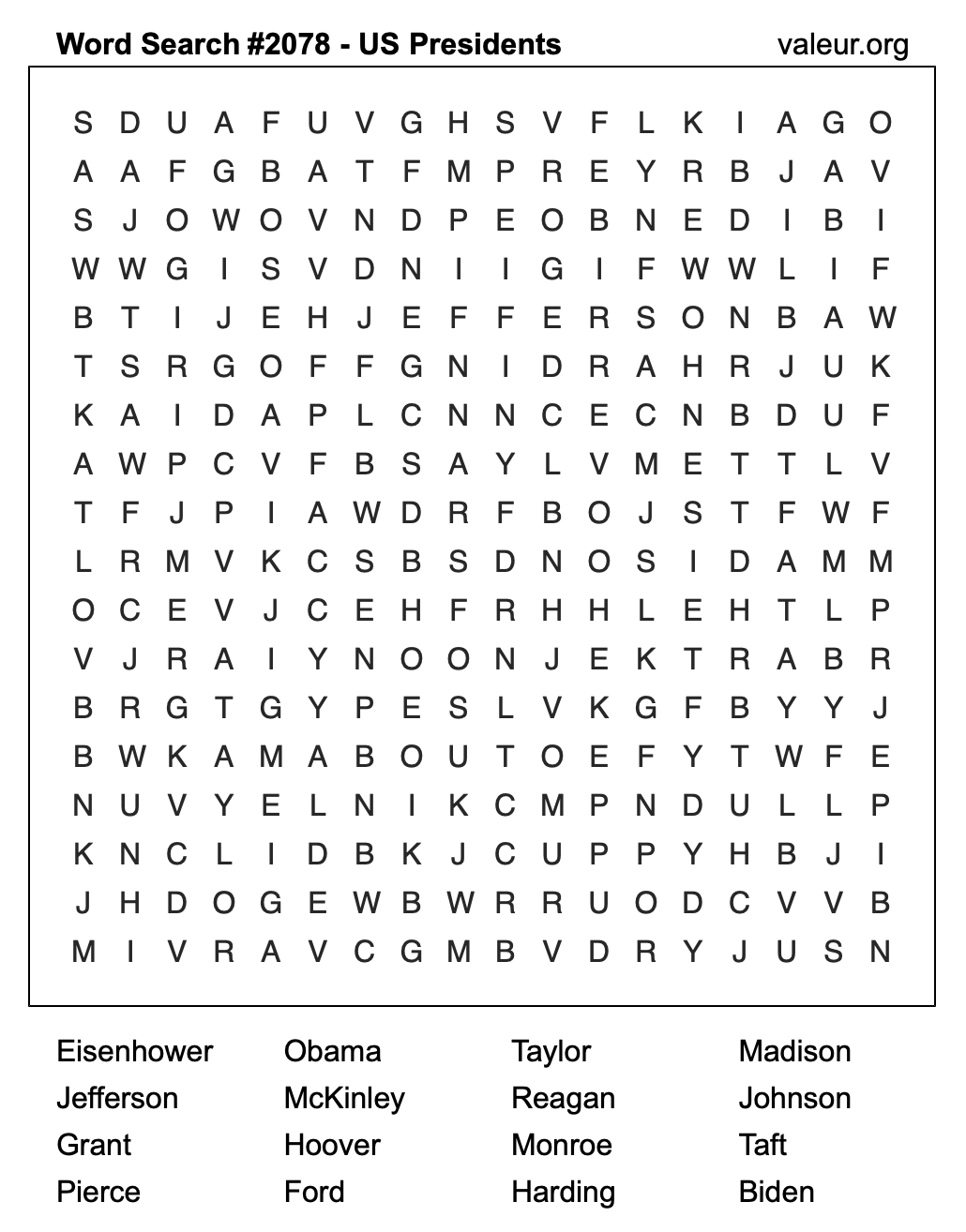 Word Search Puzzle with US Presidents #2078