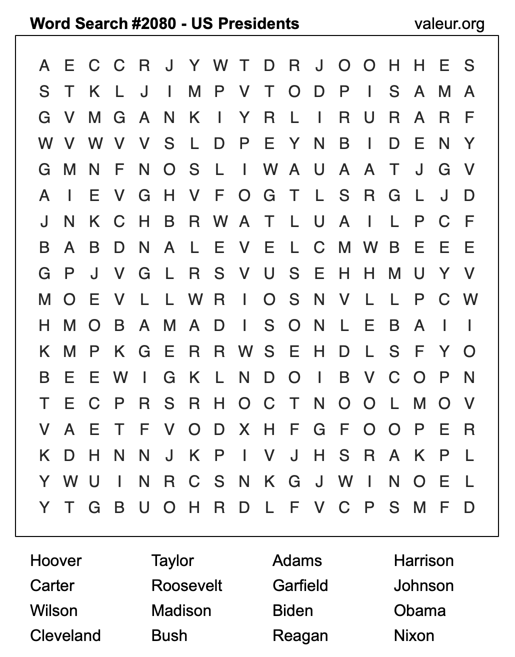 Word Search Puzzle with US Presidents #2080