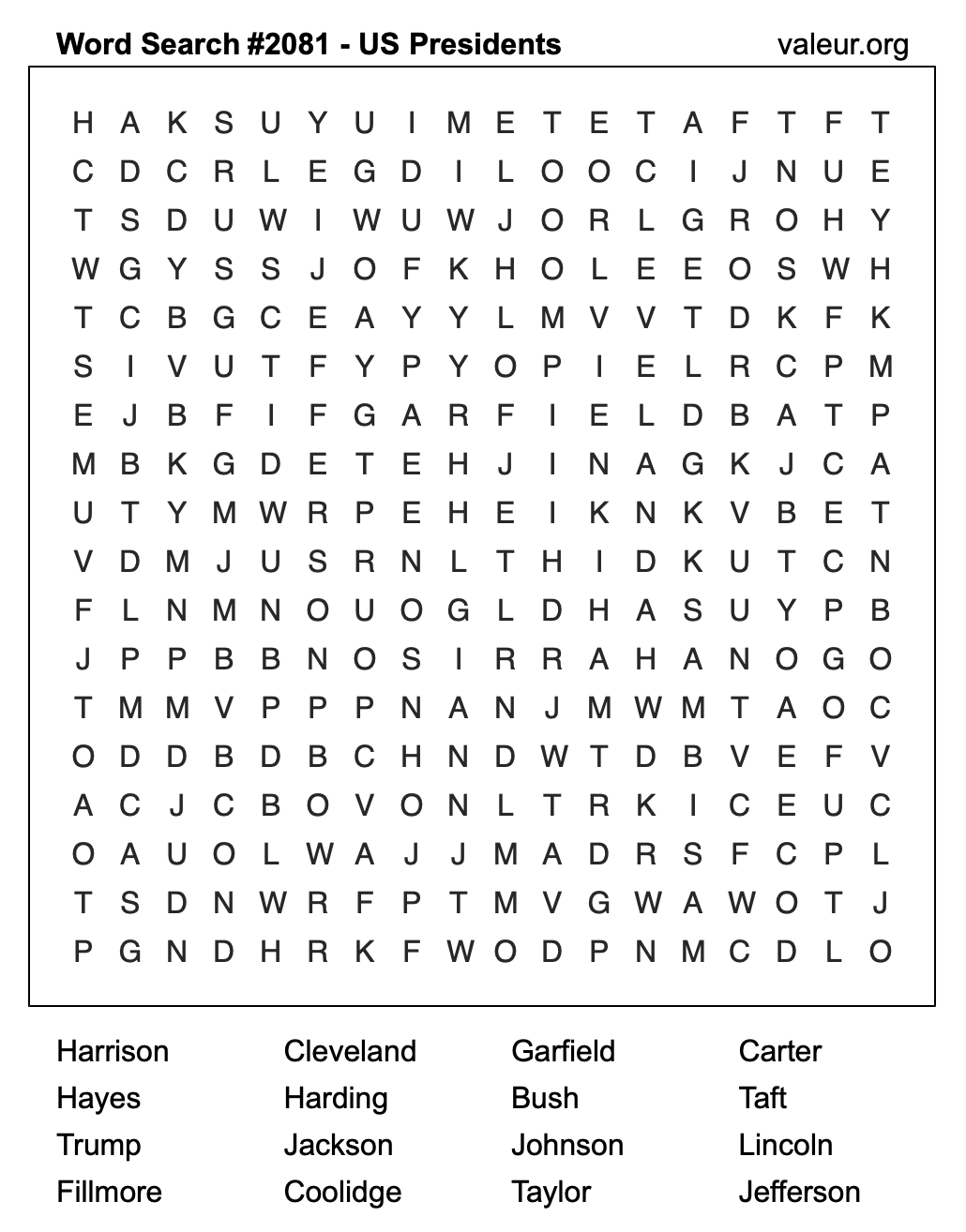 Word Search Puzzle with US Presidents #2081