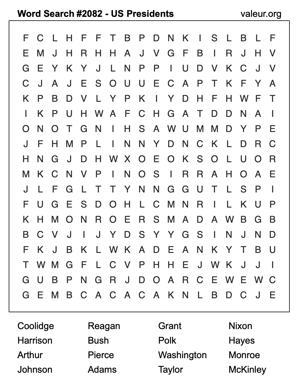 Word Search Puzzle with US Presidents #2082