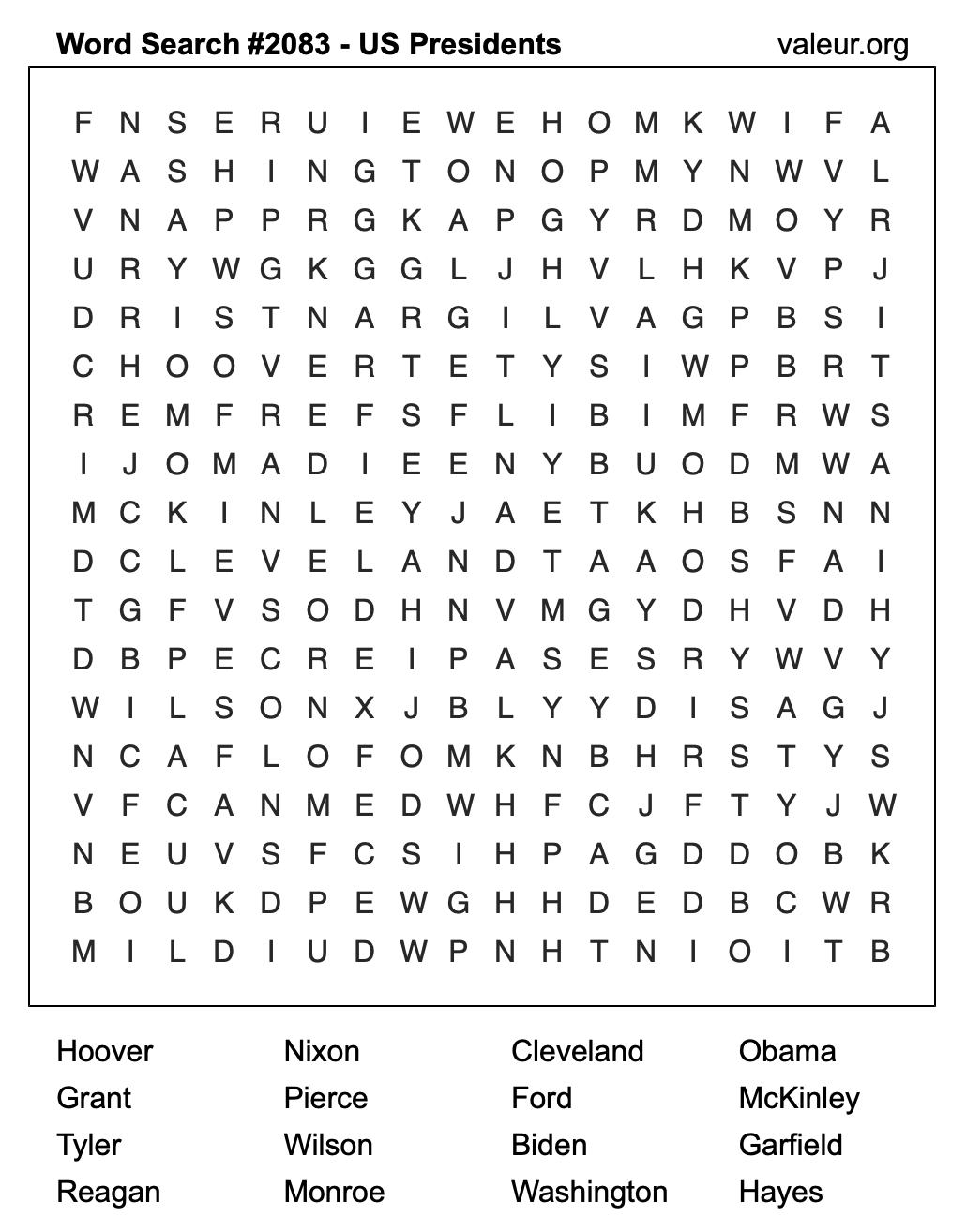 Word Search Puzzle with US Presidents #2083