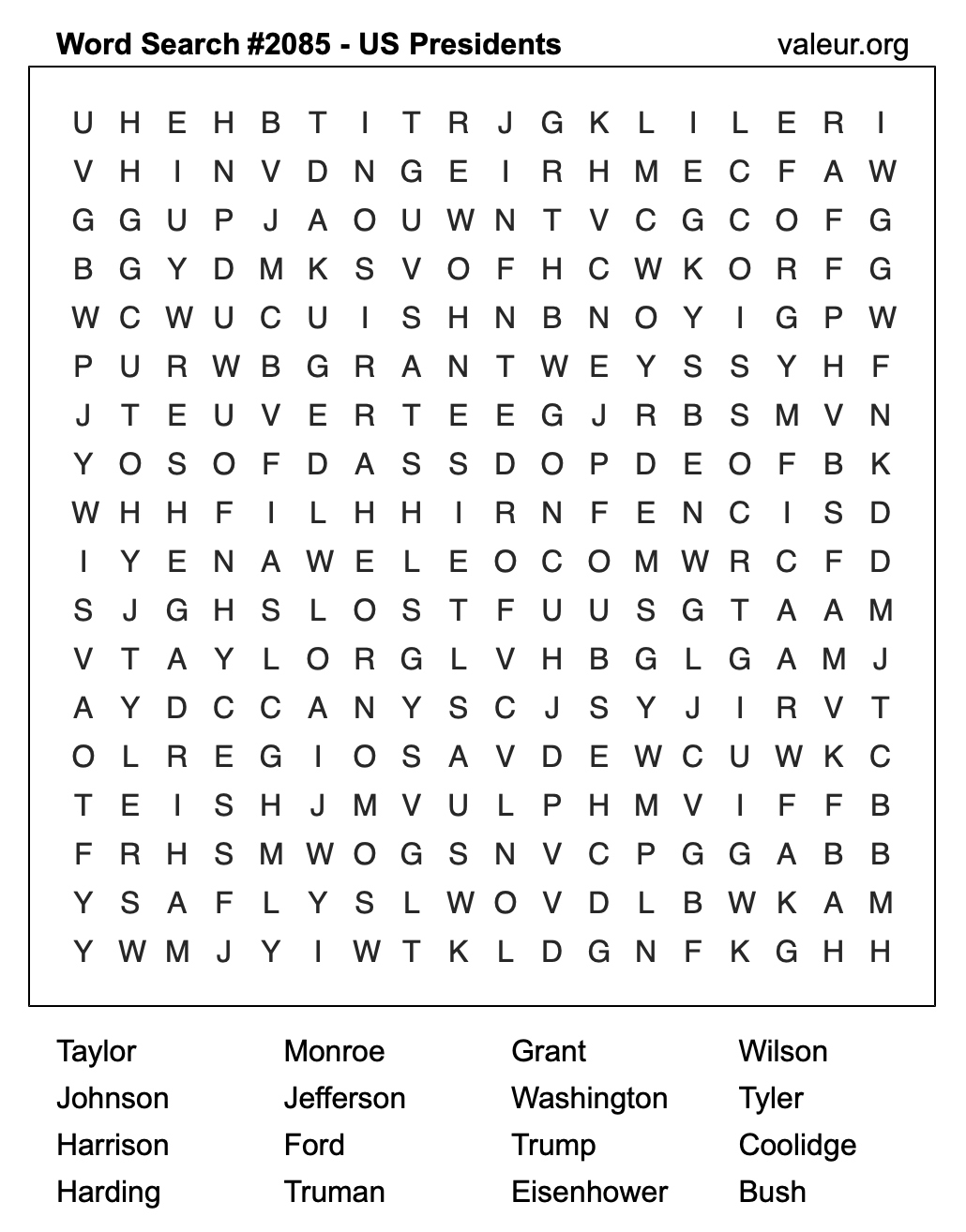 Word Search Puzzle with US Presidents #2085