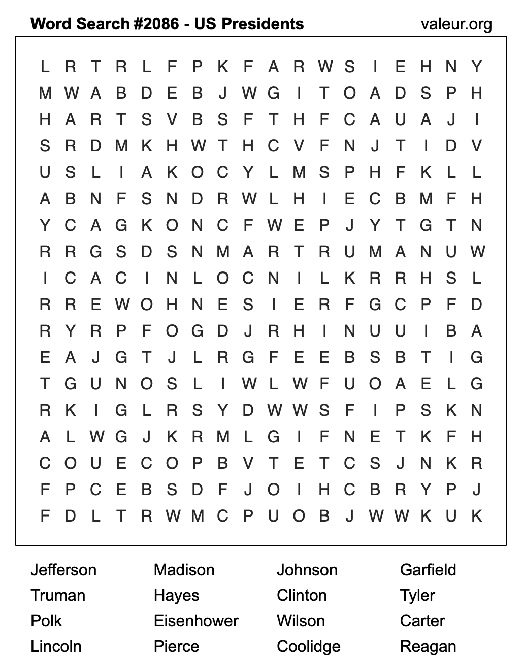 Word Search Puzzle with US Presidents #2086