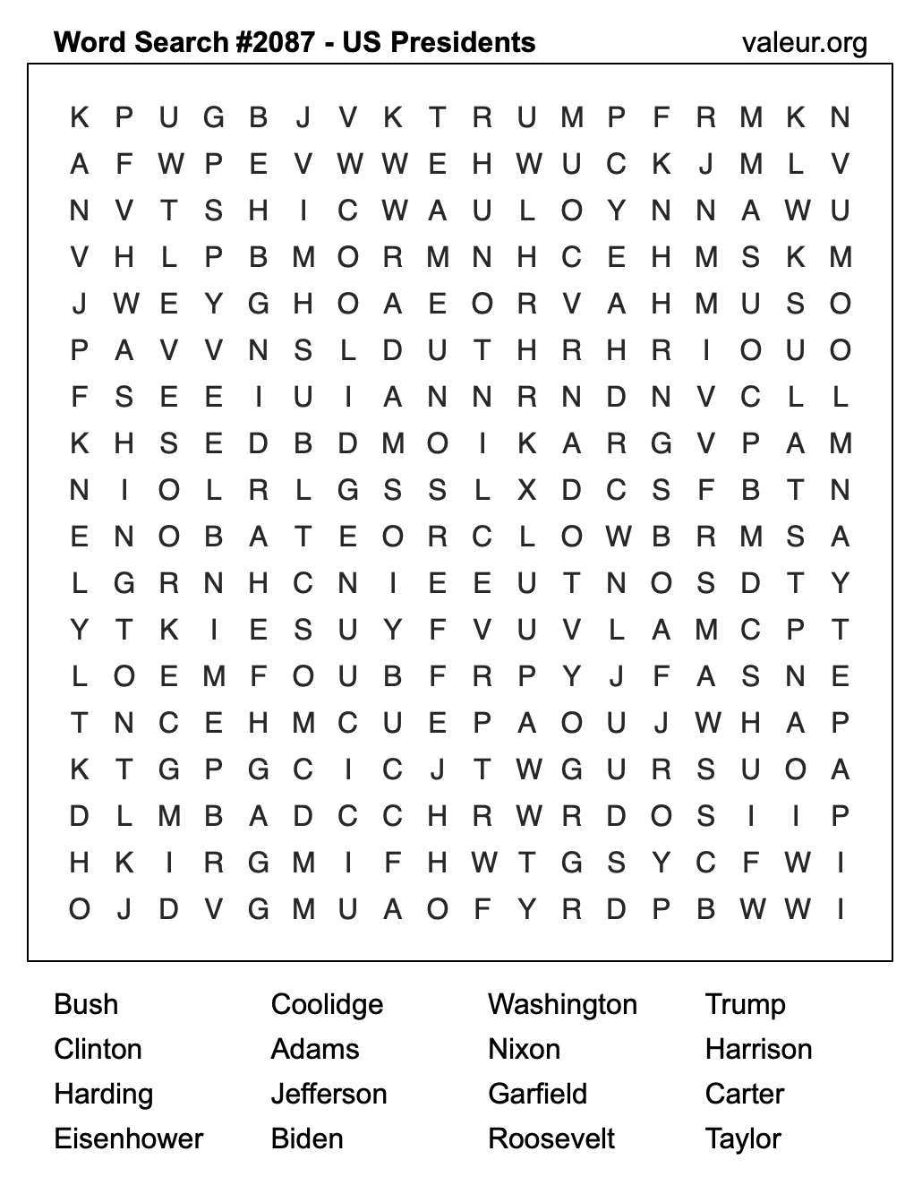 Word Search Puzzle with US Presidents #2087