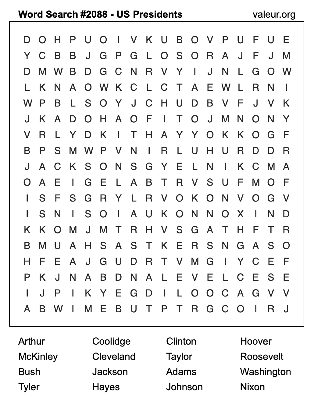 Word Search Puzzle with US Presidents #2088