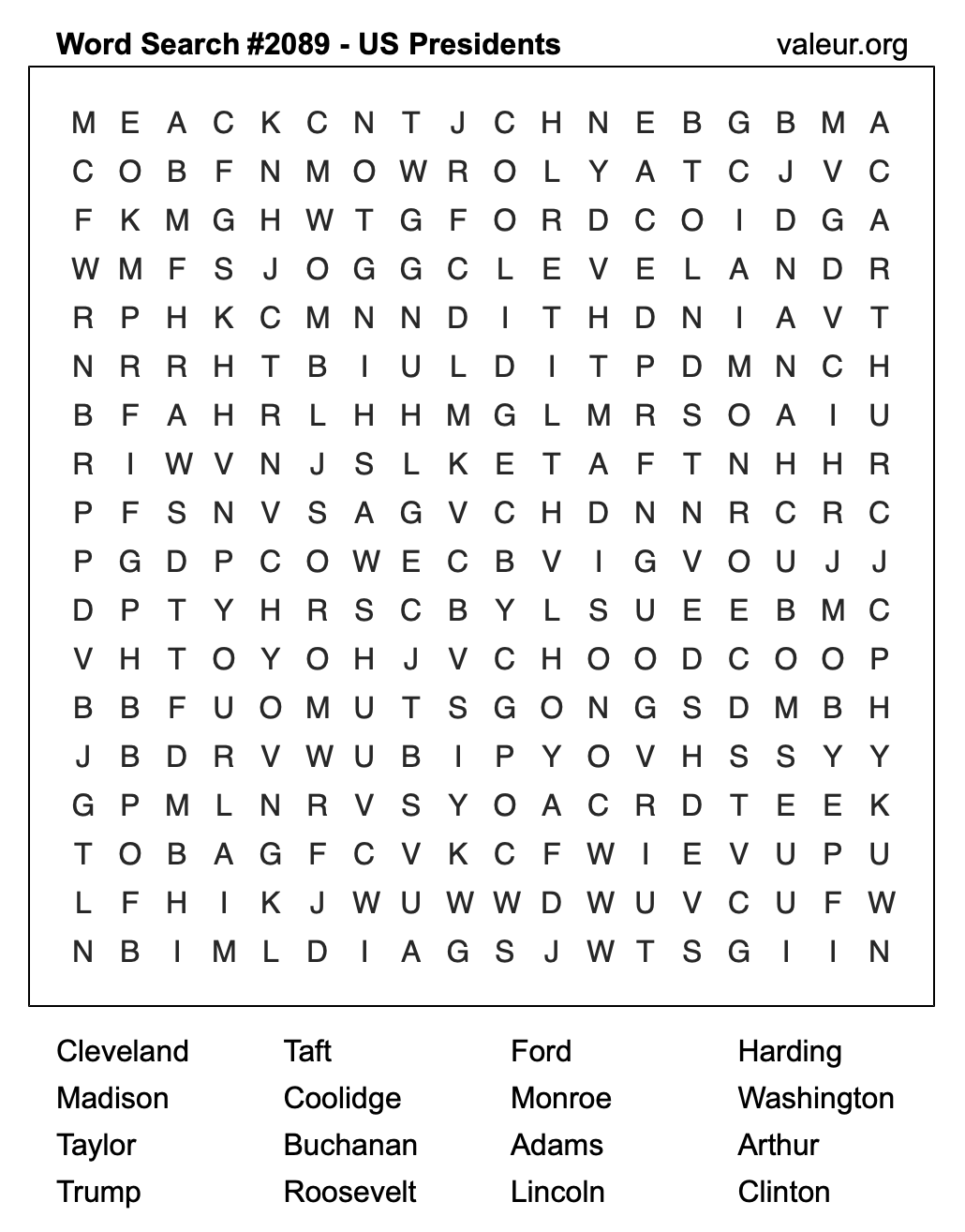 Word Search Puzzle with US Presidents #2089