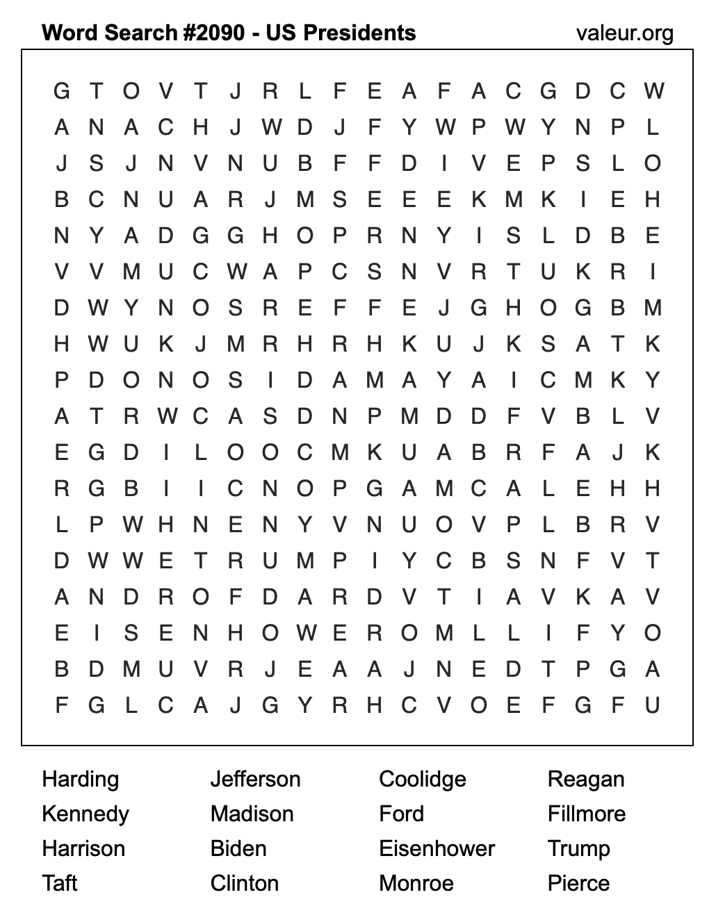 Word Search Puzzle with US Presidents #2090