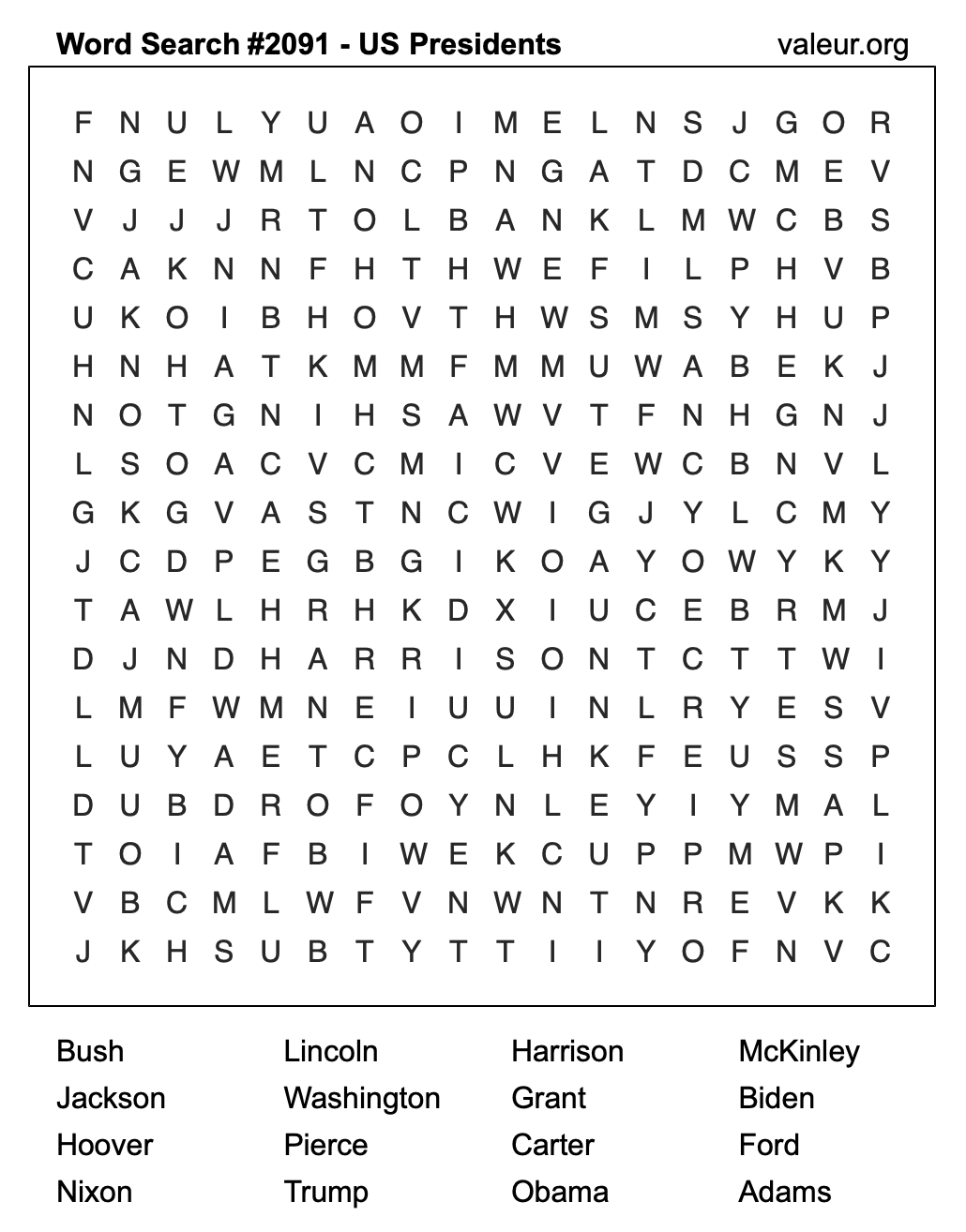 Word Search Puzzle with US Presidents #2091