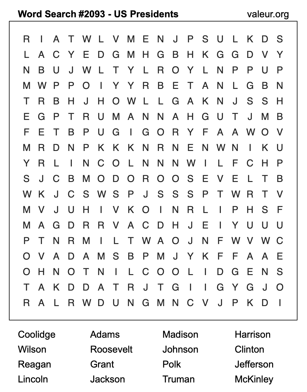 Word Search Puzzle with US Presidents #2093