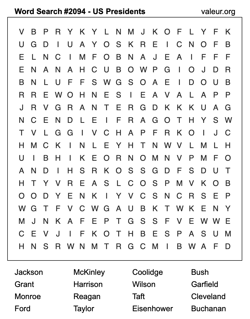 Word Search Puzzle with US Presidents #2094