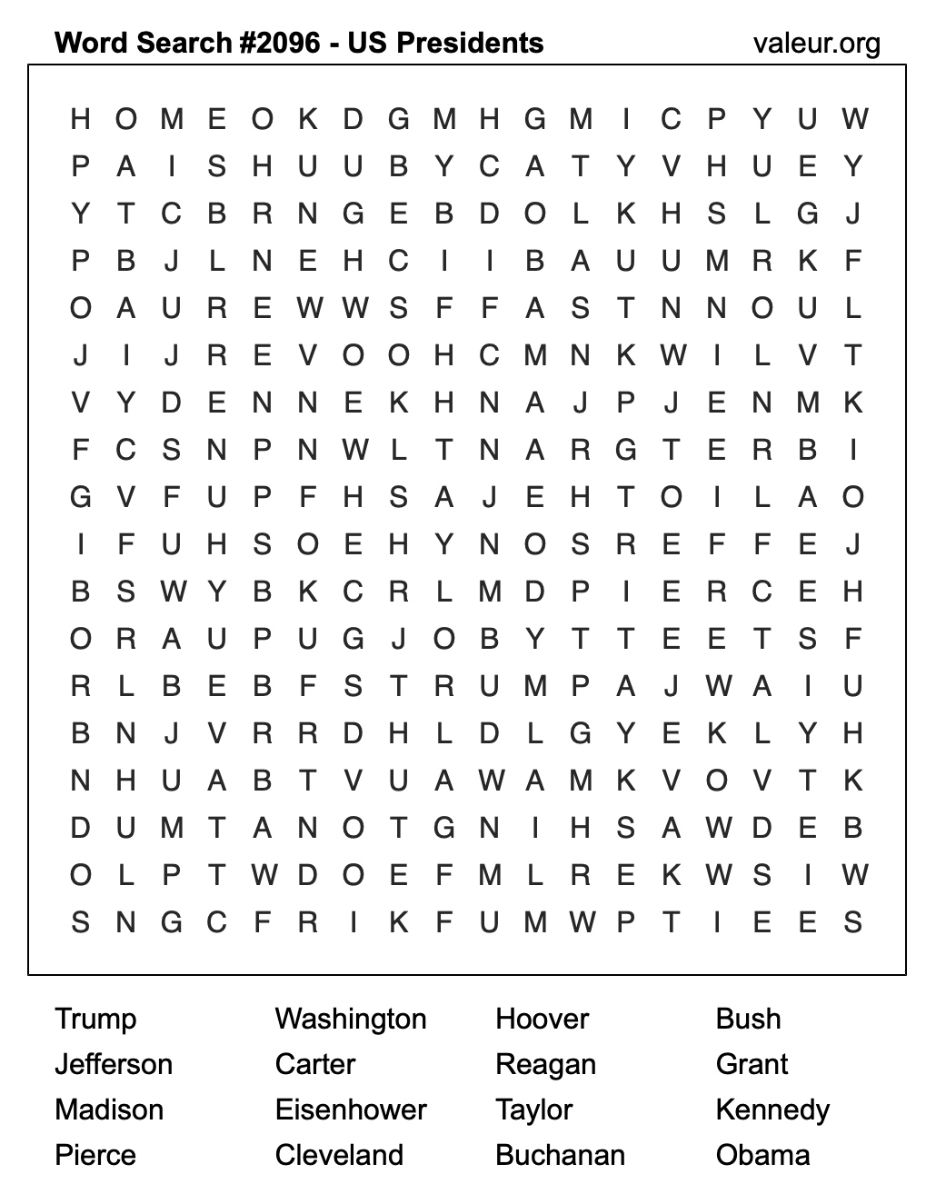 Word Search Puzzle with US Presidents #2096