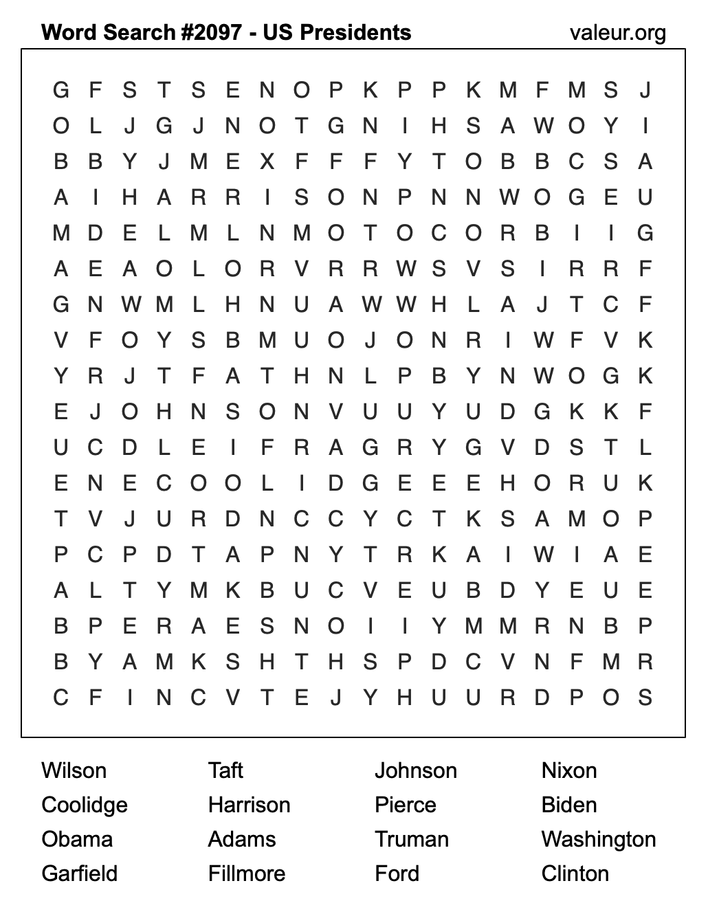 Word Search Puzzle with US Presidents #2097