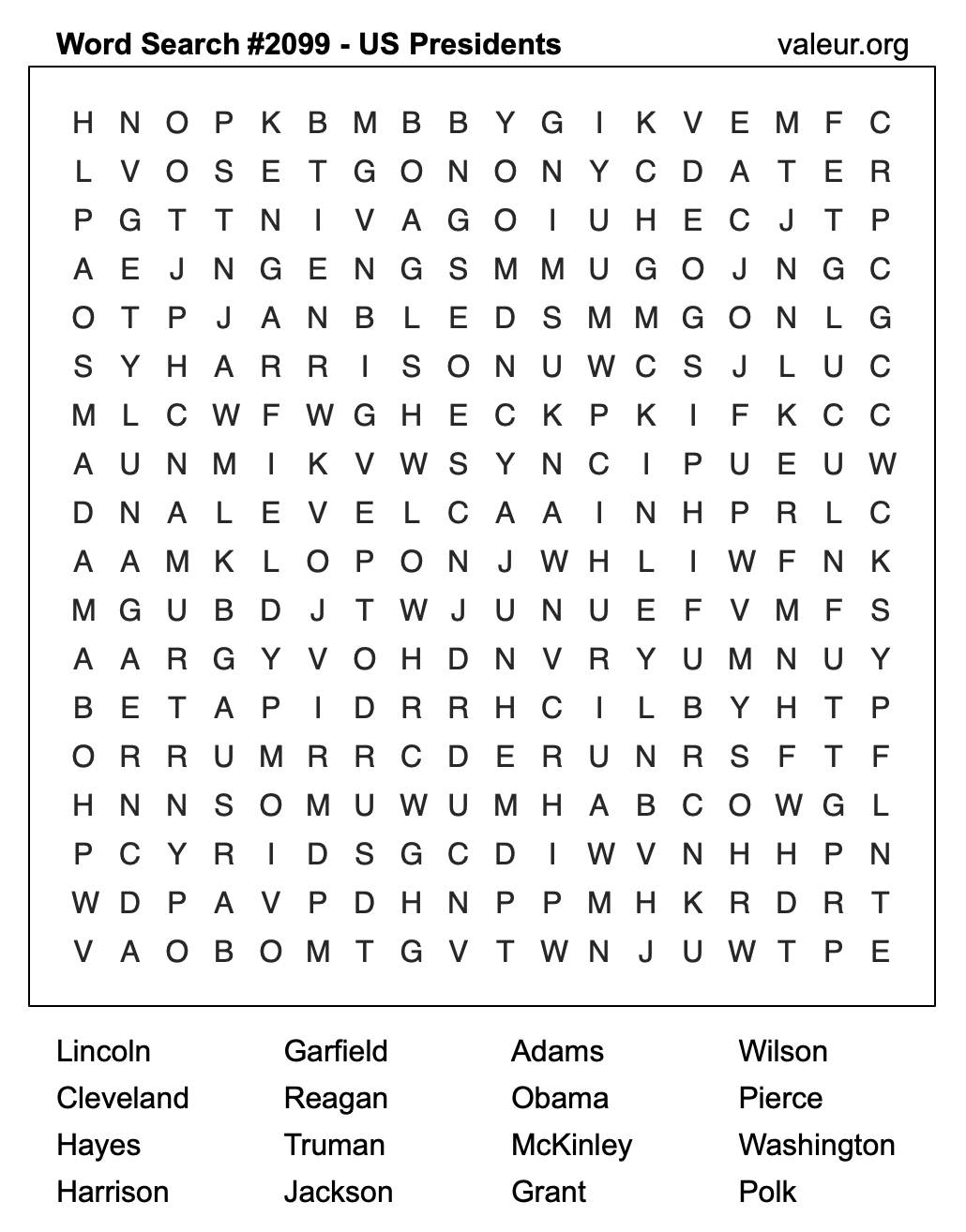 Word Search Puzzle with US Presidents #2099