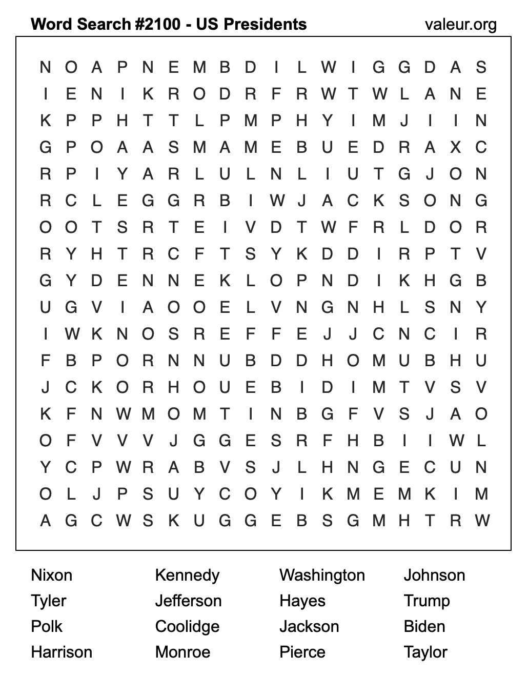 Word Search Puzzle with US Presidents #2100