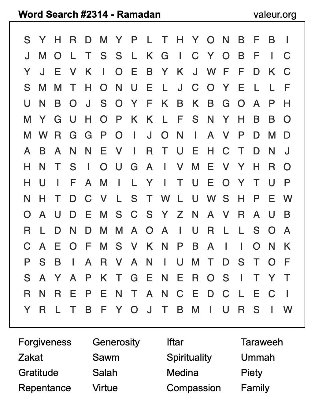 Ramadan Word Search Puzzle #2314 Ramadan Word Search Puzzle #2314