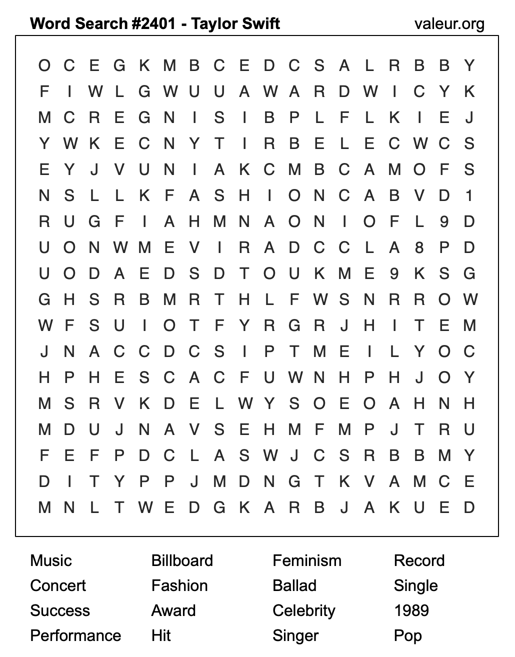 Taylor Swift Word Search Puzzle #2401