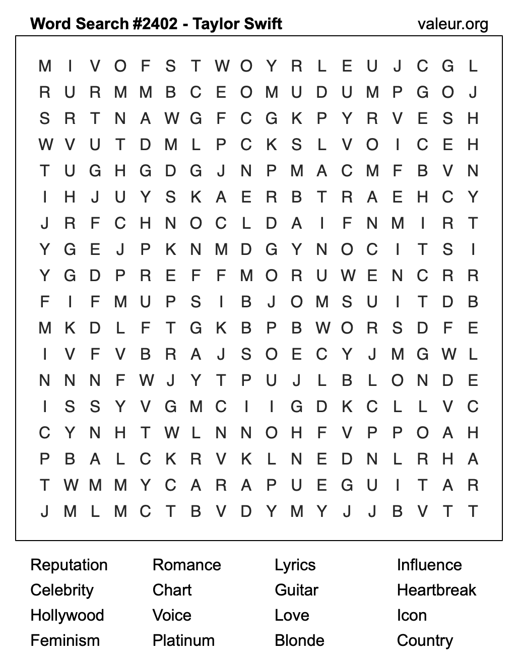 Taylor Swift Word Search Puzzle #2402