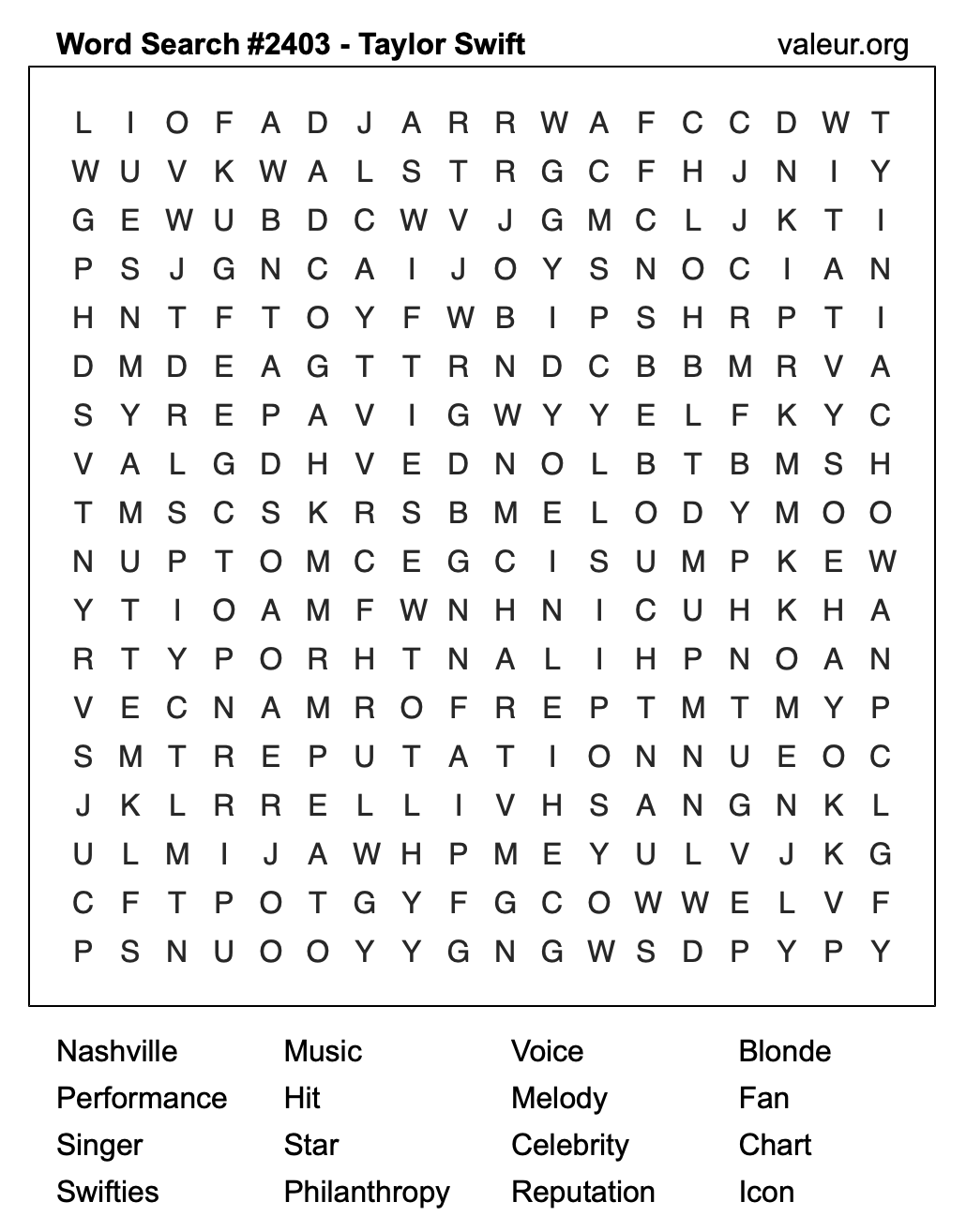 Taylor Swift Word Search Puzzle #2403