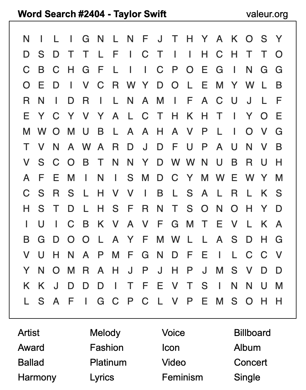 Taylor Swift Word Search Puzzle #2404