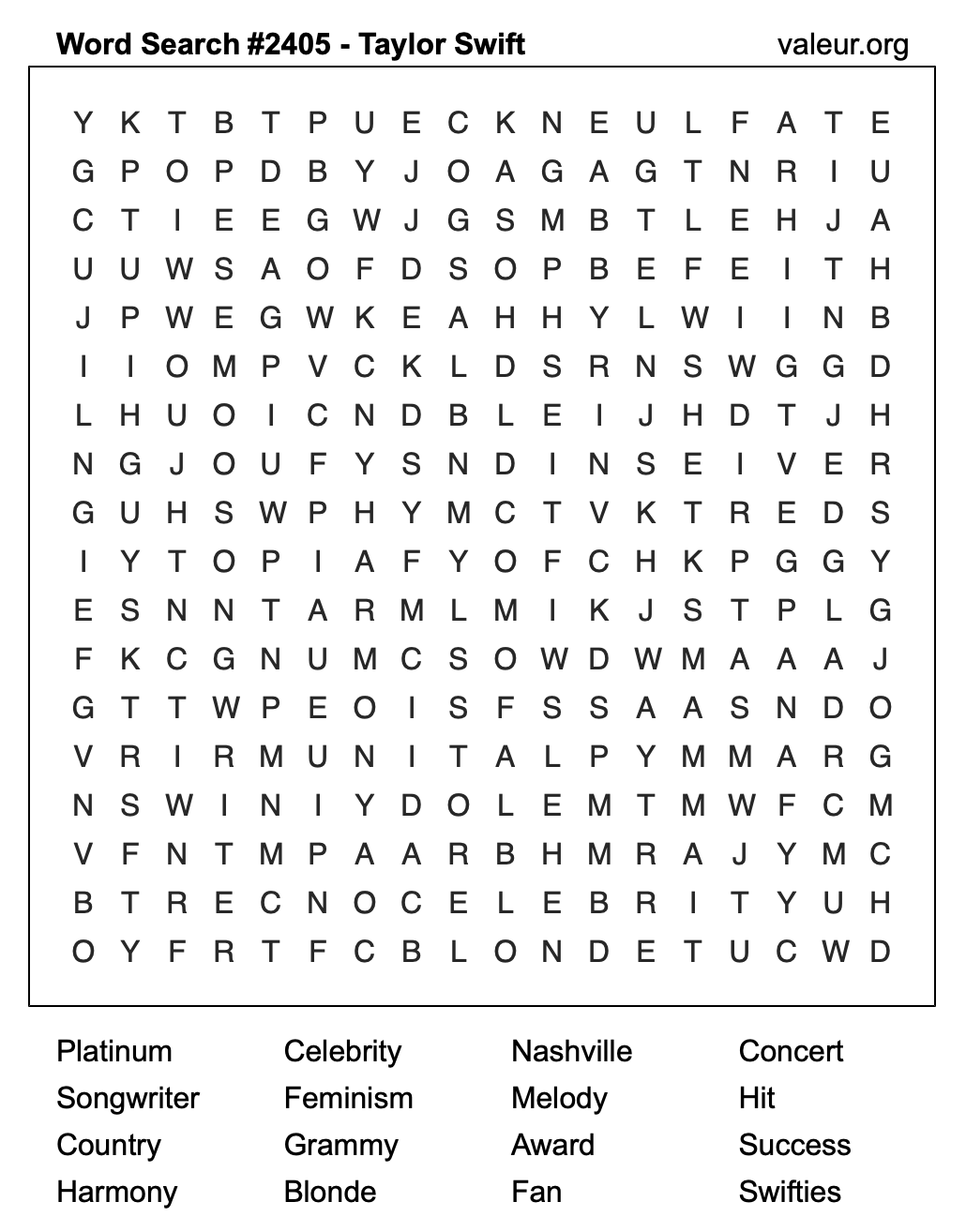 Taylor Swift Word Search Puzzle #2405