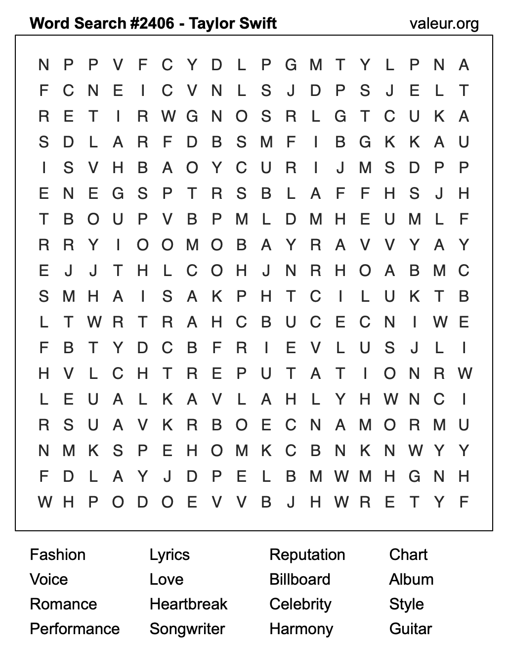 Taylor Swift Word Search Puzzle #2406