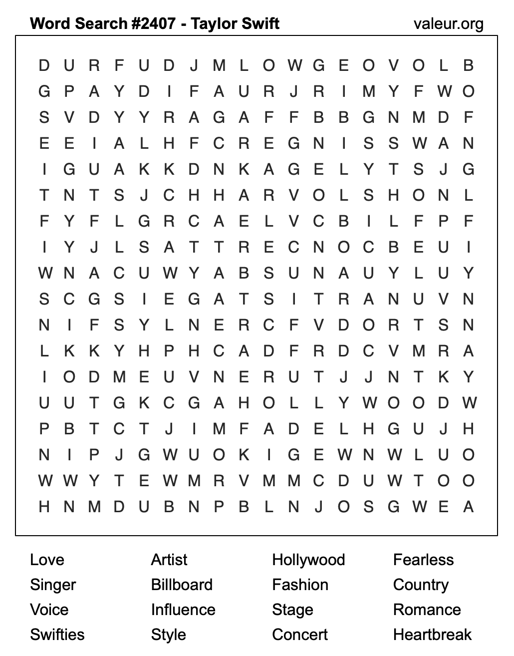 Taylor Swift Word Search Puzzle #2407