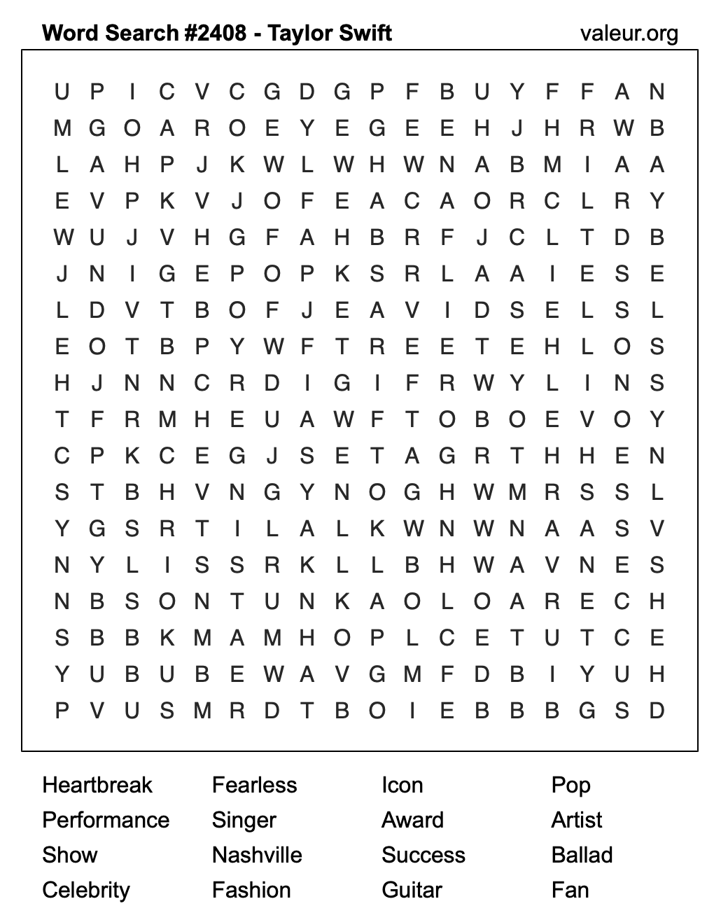 Taylor Swift Word Search Puzzle #2408