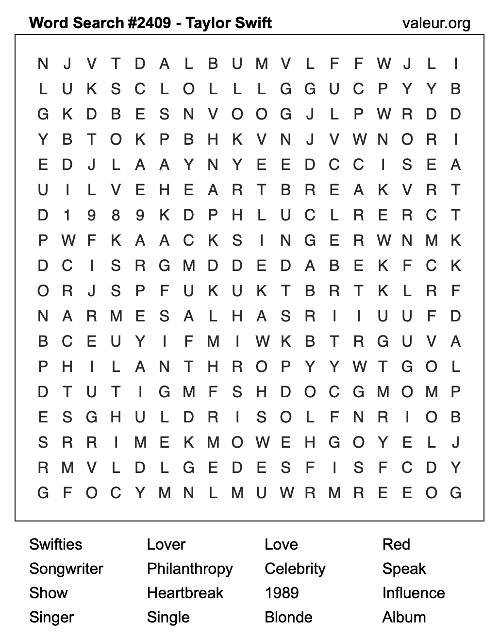 Taylor Swift Word Search Puzzle #2409