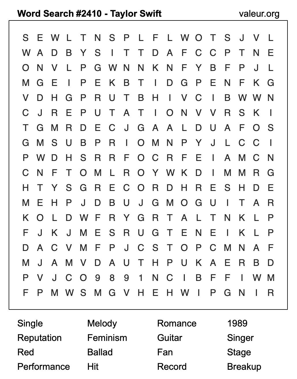 Taylor Swift Word Search Puzzle #2410