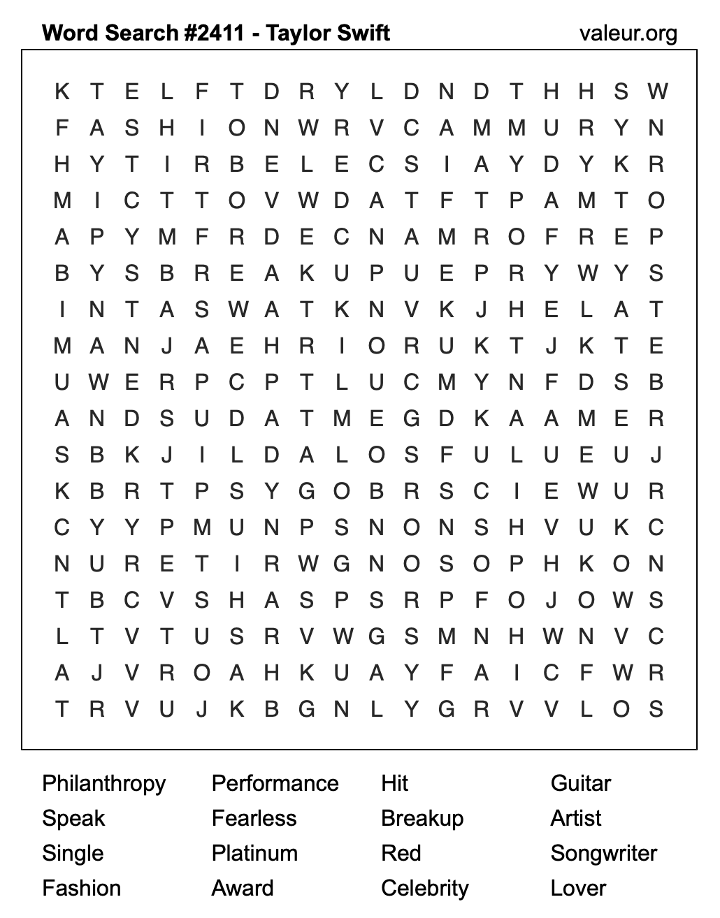 Taylor Swift Word Search Puzzle #2411