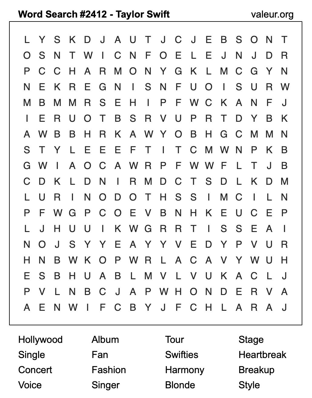 Taylor Swift Word Search Puzzle #2412