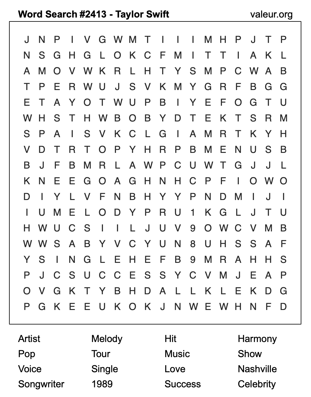 Taylor Swift Word Search Puzzle #2413