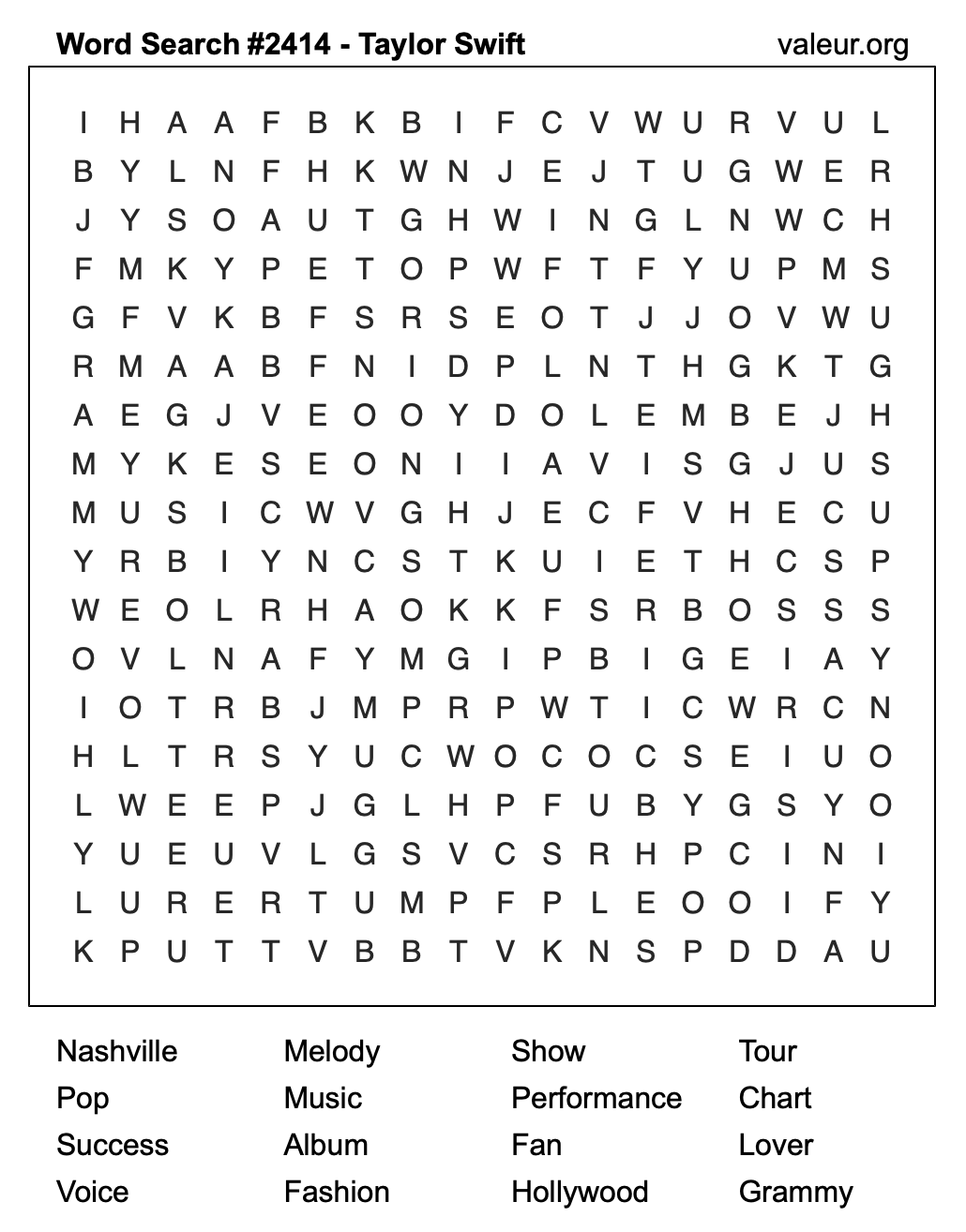 Taylor Swift Word Search Puzzle #2414