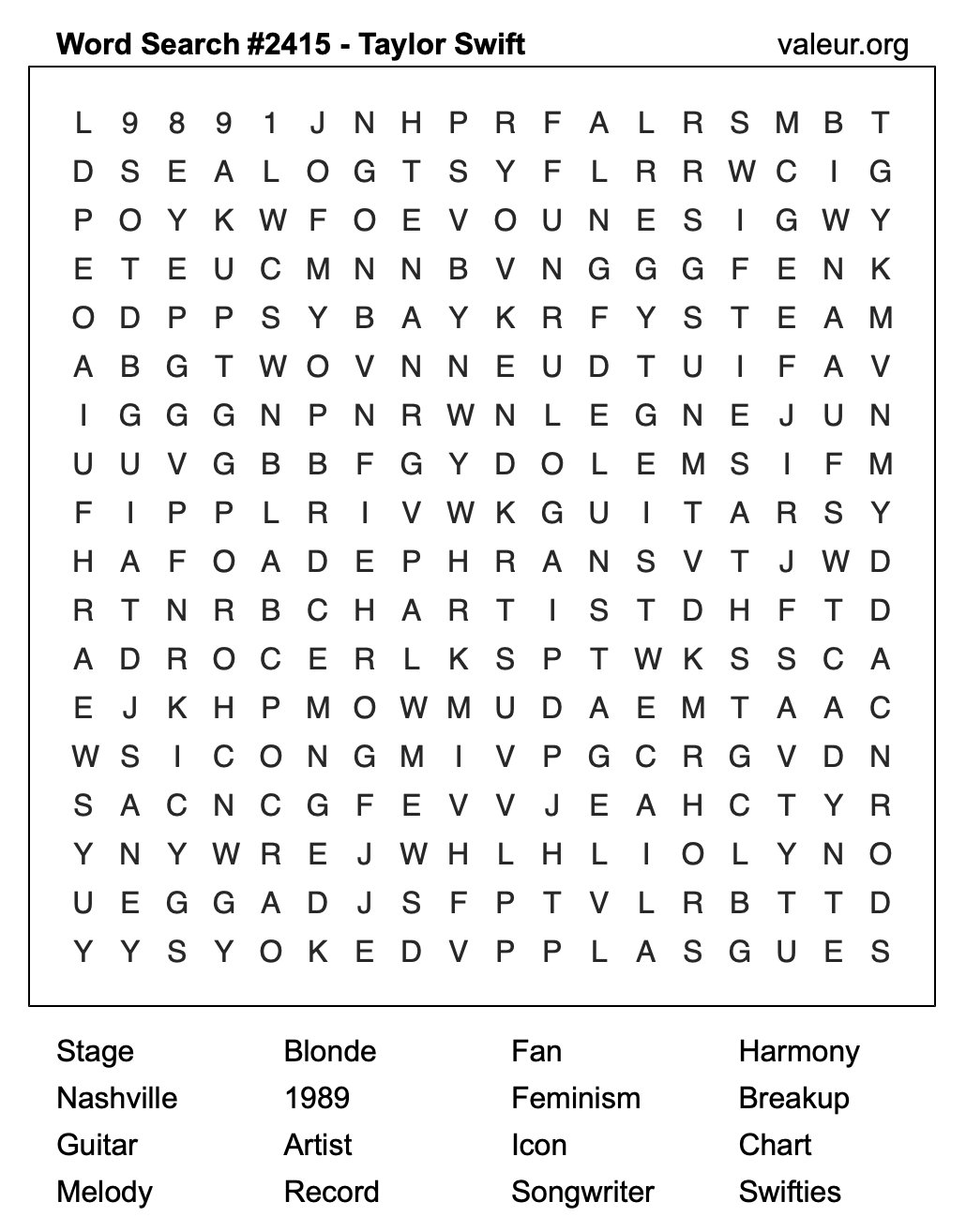 Taylor Swift Word Search Puzzle #2415