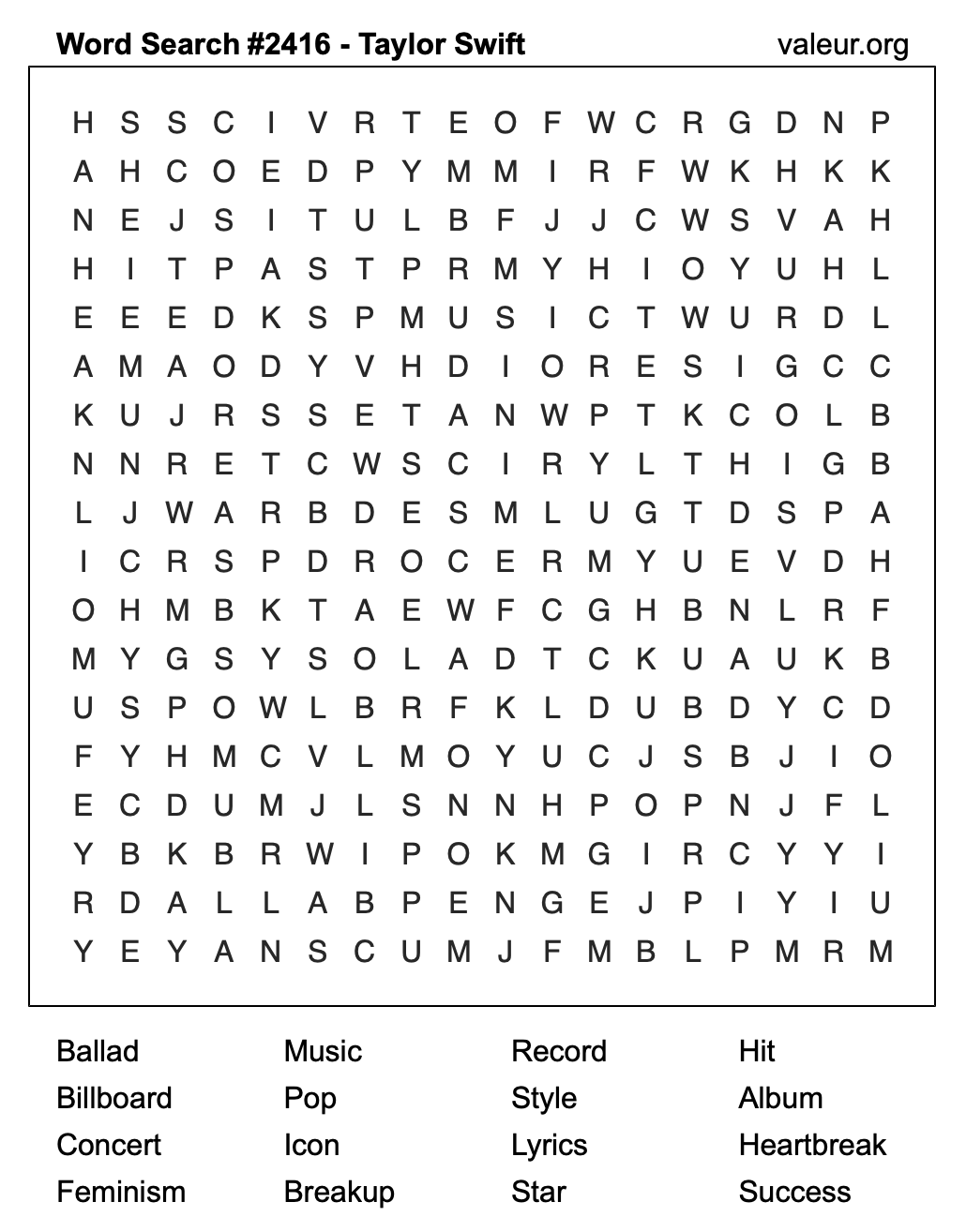 Taylor Swift Word Search Puzzle #2416