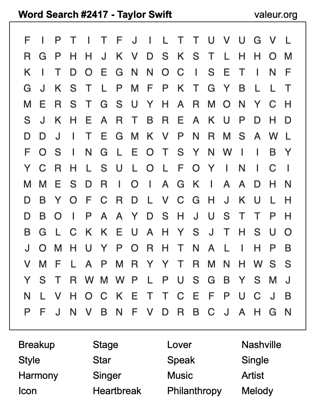 Taylor Swift Word Search Puzzle #2417