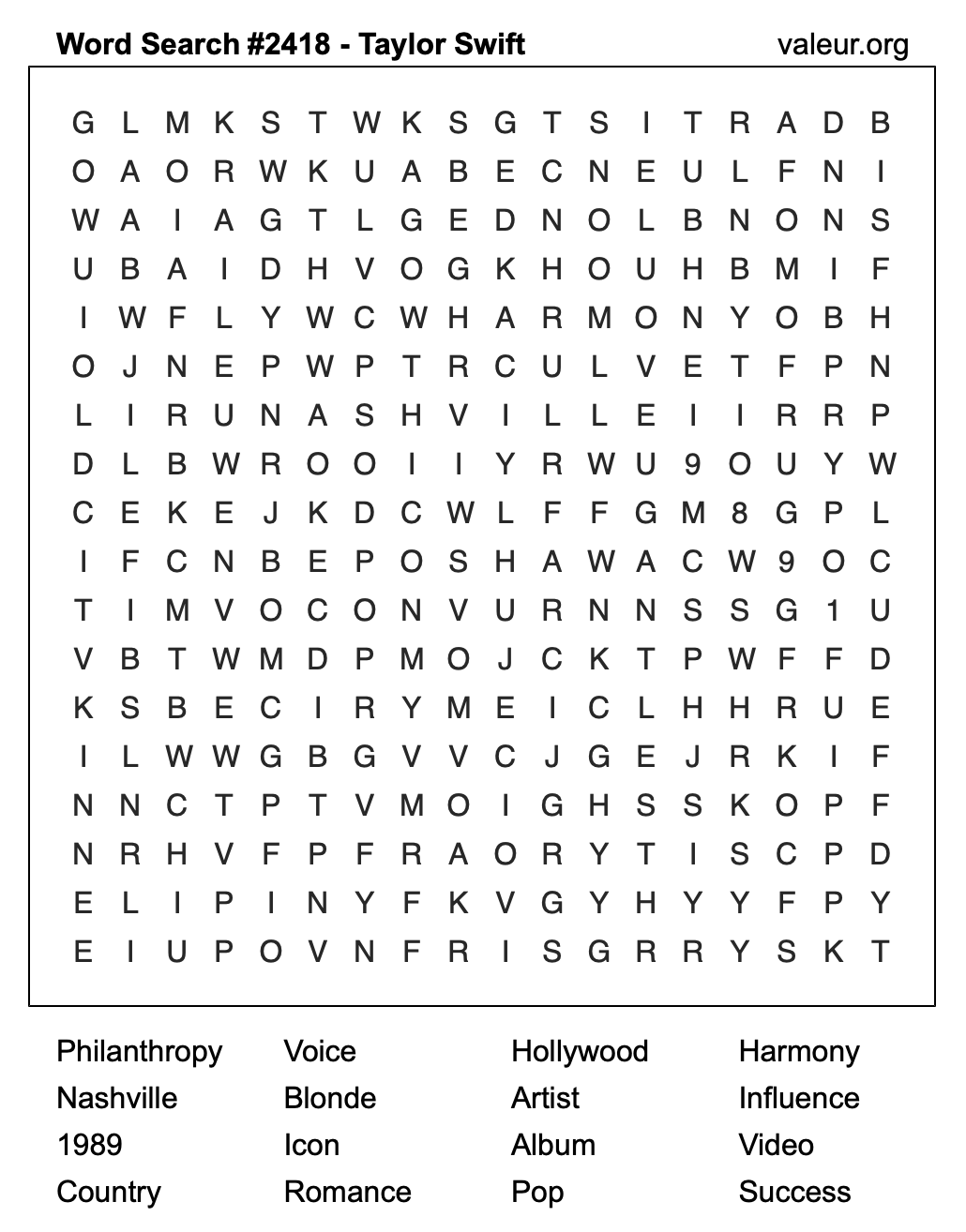 Taylor Swift Word Search Puzzle #2418