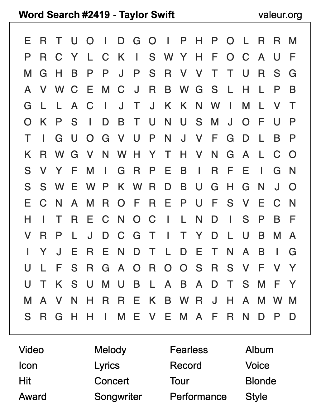 Taylor Swift Word Search Puzzle #2419