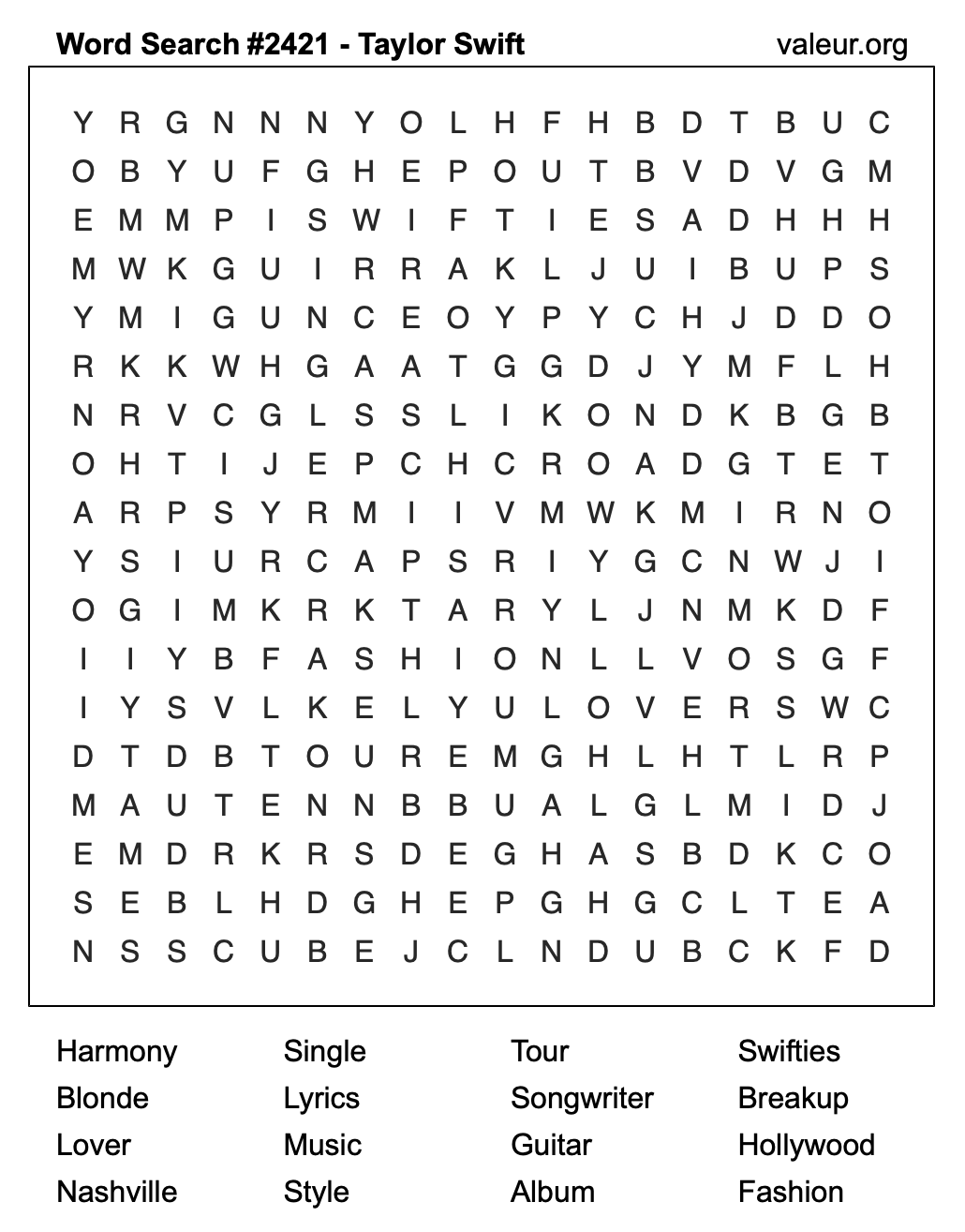 Taylor Swift Word Search Puzzle #2421