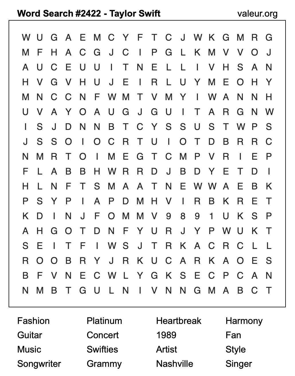 Taylor Swift Word Search Puzzle #2422