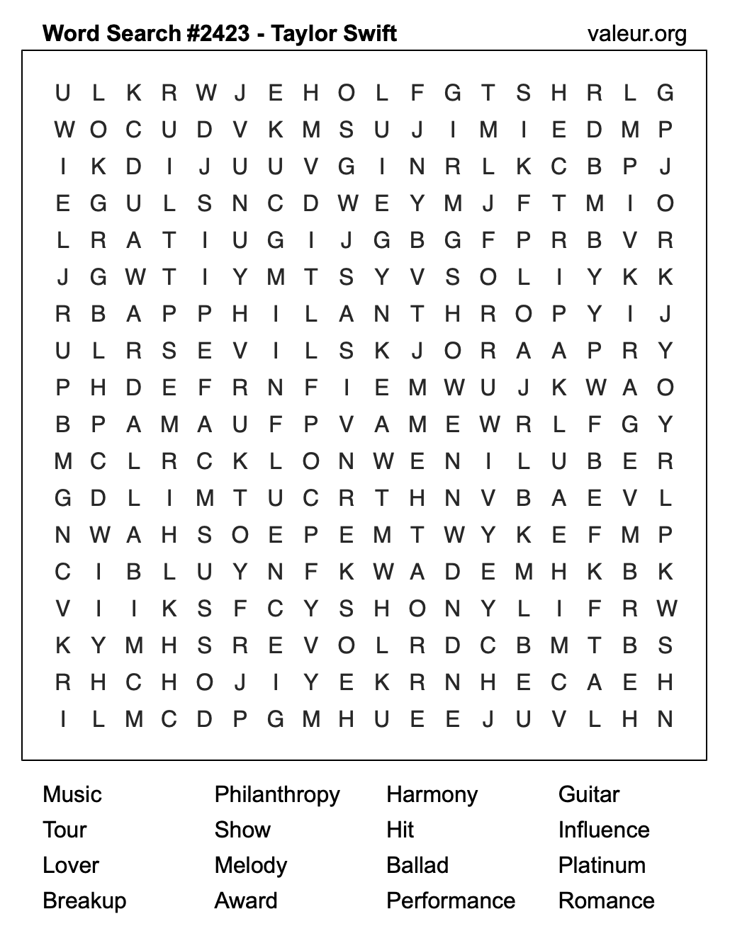 Taylor Swift Word Search Puzzle #2423