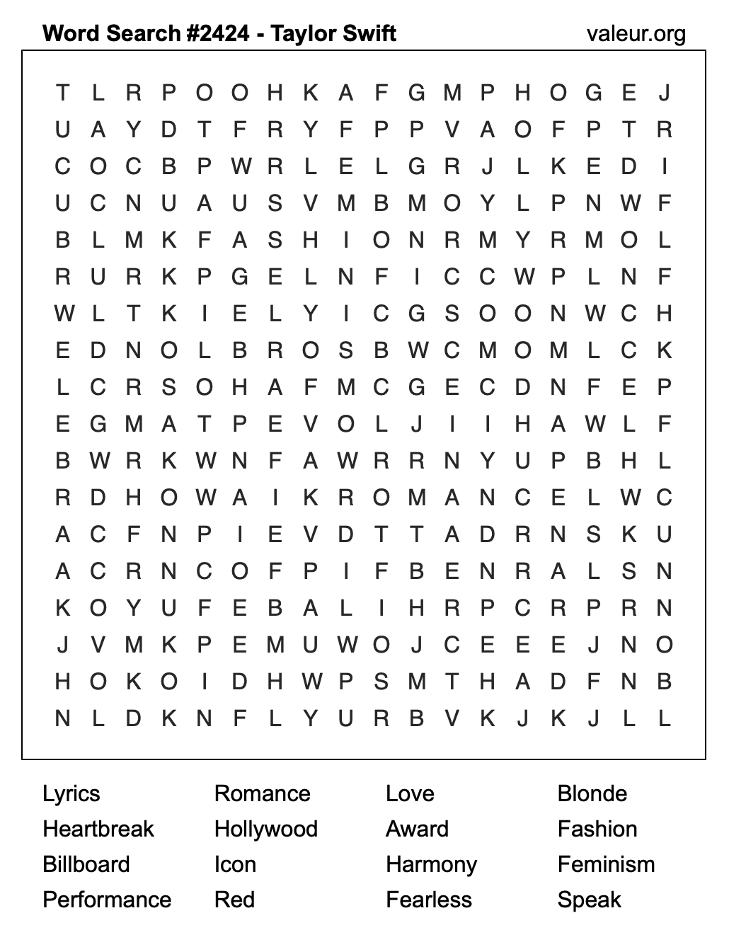 Taylor Swift Word Search Puzzle #2424